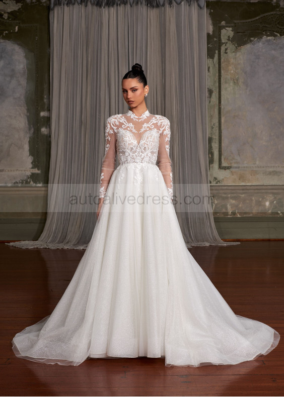 High Neck Ivory Lace Glitter Tulle Stunning Wedding Dress